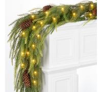 6 Ft Norfolk Pine Garland with Lights & Timer, Real Touch Christmas Garland with Pinecones - Pre-lit Battery Operated Christmas Garlands with 8 Modes for Table Mantle Fireplace Stairs Door Decoration