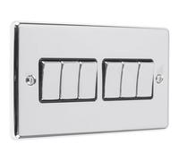 6 Gang Multi Light Switch Polished Chrome 2 Way 10A Black Trim & Metal Rocker - Decorative Kitchen Living Room Bedroom Plate