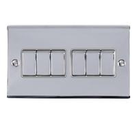 6 Gang Multi Light Switch Polished Chrome 2 Way 10A Grey Trim & Metal Rocker - Decorative Kitchen Living Room Bedroom Plate
