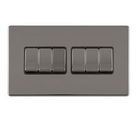 6 Gang Multi Light Switch SCREWLESS Black Nickel 2 Way 10A Metal Rocker Slim - Decorative Kitchen Living Room Bedroom Plate