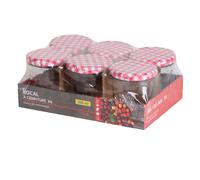 (6) Glass Jam Jars Checkered Metal Lids Food Preserve