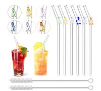 6 Glass Straw Glass Straws Drinking with Straw Straws Reusable with 2 Cleaning Brushes, with Little Colorful Turtle, Reusable Drinking Straws Curved Design for Smoothies Coffee