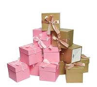 6 Gold & 6 Pink Gift Boxes with Lids,12 Pcs Beautiful Squared Boxes with Ribbons and Lids Perfect for Weddings,Christmas, Birthday,Valentines Day(4x4x4 Inch)