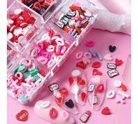 6 Grids Valentine's Day Nail Art Slices Red Love Heart Sexy Lips Designs Valentines Nail Charms 3D Candy Colors Clay Slices Mini Slices for DIY Crafts,Nail Art and Cellphone Decorations Accessories