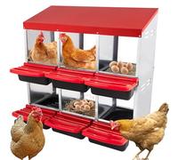 6 Hole Chicken Nesting Box - Heavy Duty Red Metal Roll Away Egg Laying Box for Hens with Perch & Ventilation - Wall Mount Poultry Coop Nest Box with Removable Tray