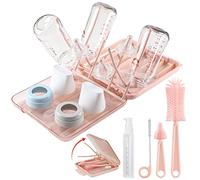 6 in 1 Baby Bottle Cleaner Kit with Drying Rack,Silicone Baby Bottle Brush,Straw Brush,Nipple Brush,Soap Dispenser and Storage Box, Portable Baby Essentials for Home&Travel(Pink)