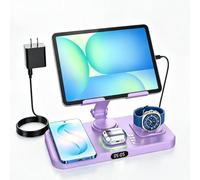 6 in 1 Charging Station for Samsung Multiple Devices, Foldable Wired Charging Stand for iPad/Tab with Clock & Light, Charger for S26/S25 Ultra/Z Fold 7 & Buds, Only for Galaxy Watch(Purple)