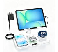 6 in 1 Charging Station for Samsung Multiple Devices, Foldable Wired Charging Stand for iPad/Tab with Clock & Light, Charger for S26/S25 Ultra/Z Fold 7 & Buds, Only for Galaxy Watch(White)