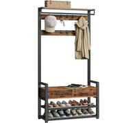 Coat Rack with Shoe Bench and 2 Fabric Drawers, Vintage Brown + Ink Black