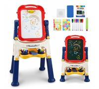 6 in 1 Kids Easel with Art Easel, Magic Whiteboard, Chalkboard, Watercolour Pens, Chalks, Number & Letter Magnetic Cards, Height Adjustable & 360° Rotatable Drawing Board for Children, Gift for Kids