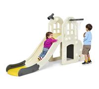 6 in 1 Kids Slide, Large Freestanding Toddler Slide with Basketball Hoop, Telescope, Ring Toss and Pump, Indoor Outdoor Slider Playset for Boys Girls 3-8 Years Old