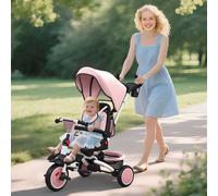 AIYAPLAY Kids Trike, 6 in 1 Toddler Tricycle with Adjustable Parent Handle & Canopy, Convertible Seat, for Ages 1-5 Years, Foldable Baby Trike with Safety Harness, Storage Basket & Bag, Pink