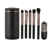 6 in 1 Makeup Brush Set, Synthetic Cosmetic Brushes for Foundation Blending Powder Eye Shadow, Portable Travel Makeup Kit with Mirror and Storage Bucket (Black)