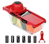 6 in 1 Mandoline Slicer, Multi-Function Fruit and Veg Cutter, Interchangeable Stainless Steel Blade with Food Container, Peeler, Hand Protector, Julienne Slice for Potato Tomato Onion Vegetable