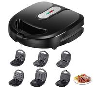 6-in-1 Mini Donut Machine, 750W Sandwich Toaster with Double Sided Heating & Non-Stick Pan & 6 Baking Pans & Indicator Lights