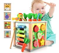 6-in-1 Montessori Activity Cube for Babies 1 Year+ - Wooden Motor Skills Toy with Carrot Harvest, Beetles, Xylophone, Clock, Gears, Shape Fit