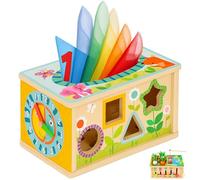 6-in-1 Montessori Baby Tissue Box Toy, Wooden Activity Cube for 6+ Months, Color & Shape Sorter Puzzles Sensory Toys for 12-18 Months. Baby Early Education Fine Motor Skills Gift for Toddlers 1-3
