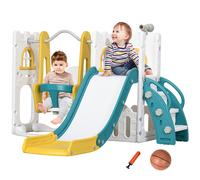 6 in 1 Toddler Climber Slide Swing Basketball Hoop Playset with Storage Yellow