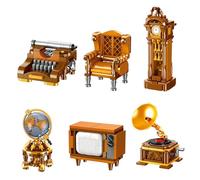 6-in-1 Vintage Mini Furniture Building Blocks Set, 300+PCS Miniature Retro Collection Classic Decor(Typewriter, Armchair, Grandfather Clock, Globe, TV, Gramophone) -Compatible with Major Brands