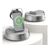 6 in 1 Wireless Charging Station, 25W Wireless Charger with Alarm Clock | Bluetooth Speaker with Dimmable Night Light, Radio Alarm Clock for iPhone and Samsung, Apple Watch, AirPods, 1800mAh Battery