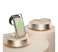6 in 1 Wireless Charging Station, 25W Wireless Charger with Alarm Clock | Bluetooth Speaker with Dimmable Night Light, Radio Alarm Clock for iPhone and Samsung, Apple Watch, AirPods, 1800mAh Battery