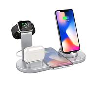 6 in 1 Wireless Charging Station, 360° Rotatable Charging Dock for Apple/Micro/Type C Phones/Airpods, Qi Wireless Charging for iPhone 8/9/10/11 Series/12 Series/Samsung, Stand for iWatch (Silver)