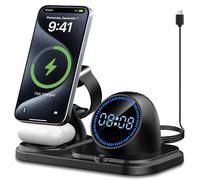6 in 1 Wireless Charging Station,Fast iphone Charger Stand with Bluetooth,Clock,RGB LED,Wireless Charger for Multiple Devices iphone 17 16 15 14 13 12/Pro Max Plus Apple Watch AirPods Pro/4/3/2-Black