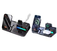 6-in-1 Wireless Charging Station for iPhone & Samsung - Bluetooth Speaker, LED Display, Alarm Clock - Foldable Fast Wireless Charger for Phone, Galaxy Watch, Apple Watch, AirPods & Earbuds