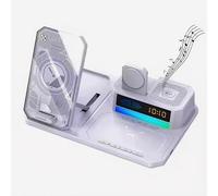 6-in-1 Wireless Charging Station for iPhone & Samsung phones | Wireless Charger for Apple Watch, AirPods & Earbuds| Integrated Bluetooth Speaker, LED Display, Alarm Clock - Fold/Fast Charging (White)