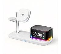 6-in-1 Wireless Charging Station with Clock Fast Charge 25W for Smart Watch Bluetooth Speaker Desk Organizer white