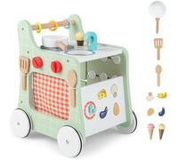 6 in 1 Wooden Baby Walker, Play Kitchen Playset, Toddler Push Learning Activity Walker with Wheels Shape Sorter Movable Slider, Montessori Educational Toy for Girls Boys 1-3 (Green)