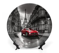 6 in Bone China Decorative Plates for Wall Hanging with Display Stand Chinese Porcelain City Street Red Car Dessert Plate Display Dish Collections Ceramic Ornament Art Craft Home Office Decor