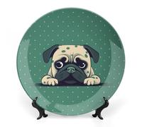 6 in Bone China Decorative Plates for Wall Hanging with Display Stand Chinese Porcelain Pug Green Polka Dot Dessert Plate Display Dish Collections Ceramic Ornament Art Craft Home Office Decor