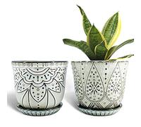 6 Inch Beaded Ceramic Planter Set of 2 with Drainage Hole and Saucer for Plants, Indoor-Outdoor Large Round Succulent Orchid Pot (Smoked White)