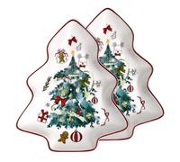 6 Inch Holiday Tree Shape Ceramic Dessert Plates, New Bone Porcelain Christmas Serving Tray Platter Dish with Watercolor Christmas Decoration, for Snack Cookies and Candy, Set of 2, Green Xmas Tree