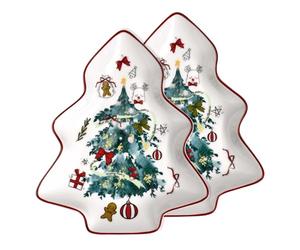 6 Inch Holiday Tree Shape Ceramic Dessert Plates, New Bone Porcelain Christmas Serving Tray Platter Dish with Watercolor Christmas Decoration, for Snack Cookies and Candy, Set of 2, Green Xmas Tree