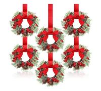 6 Inch Mini Christmas Wreath, Kitchen Cabinet Wreaths with Red Velvet Bow Artificial Norfolk Pine Wreath Outdoor Christmas Wreaths for Windows Door Chairs Wall Stairs Home Decor E 6pcs