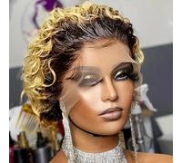6 Inch Short curly Pixie Wig,13x1 lace pixie curly wig human hair, Heat Resistant synthetic wig,for Women Daily Party Cosplay Use.(Gradient gold)