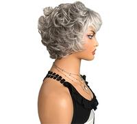 6 Inch Short Dark Gray Bob Wavy Layered Wig with Bangs for Women,Synthetic Pixie Cut Hair Wigs Fluffy and Natural