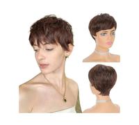 6 inch Short Pixie Cut Wigs with Bangs for White Women，Layered Synthetic Hair Wigs Natural Looking Adds Volume(Dark brown)