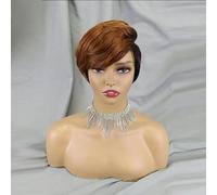 6 Inch Short Pixie Wig Human Hair,Full Machine Made Human Hair Pixie Hair, with Bangs Layered Wavy Wigs,for Black Women Daily Party Cosplay Use.(Light brown)