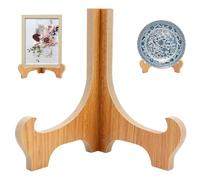 6 Inch Wooden Plate Stand and Easel Display for Pictures, Mini Tabletop Decorative Holder for Platters, Dishes, Books, Photos, Plaques - Bamboo Wood Color