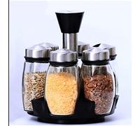 6 Jar Revolving Herb and Spice Rack Organizer Storage Stand Glass Seasoning Box Condiment Pots Set with 360°Rotating Holder, Salt & Pepper Herb Shakers For Kitchen