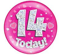 6" Jumbo Badge 14 Today Pink Holographic Dot