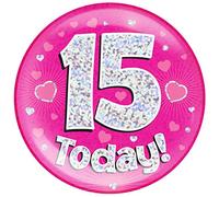 6" Jumbo Badge 15 Today Pink Holographic Dot