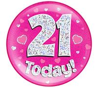 6" Jumbo Badge 21 Today Pink Holographic Dot