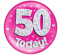 6" Jumbo Badge 50 Today Pink Holographic Dot