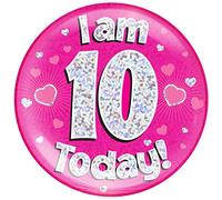 OAKTREE UK 633117 6" Jumbo Badge I am 10 Today Pink Holographic Dot