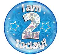 6" Jumbo Badge I am 2 Today Blue Holographic Cracked Ice