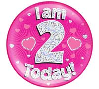 6" Jumbo Badge I am 2 Today Pink Holographic Dot